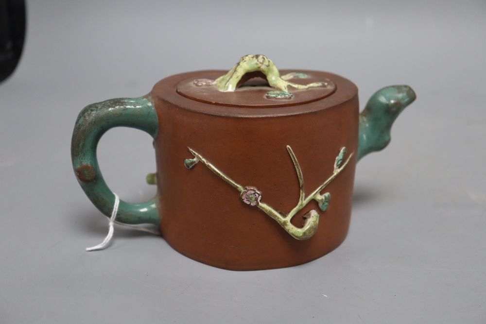 A 19th century Chinese Yixing enamelled teapot and cover, height 11cm